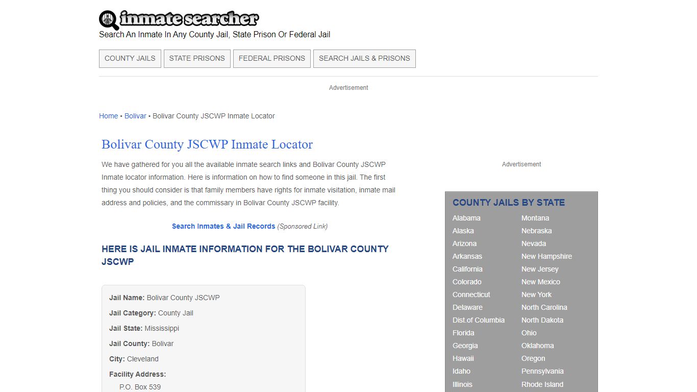 Bolivar County JSCWP Inmate Locator - Inmate Searcher